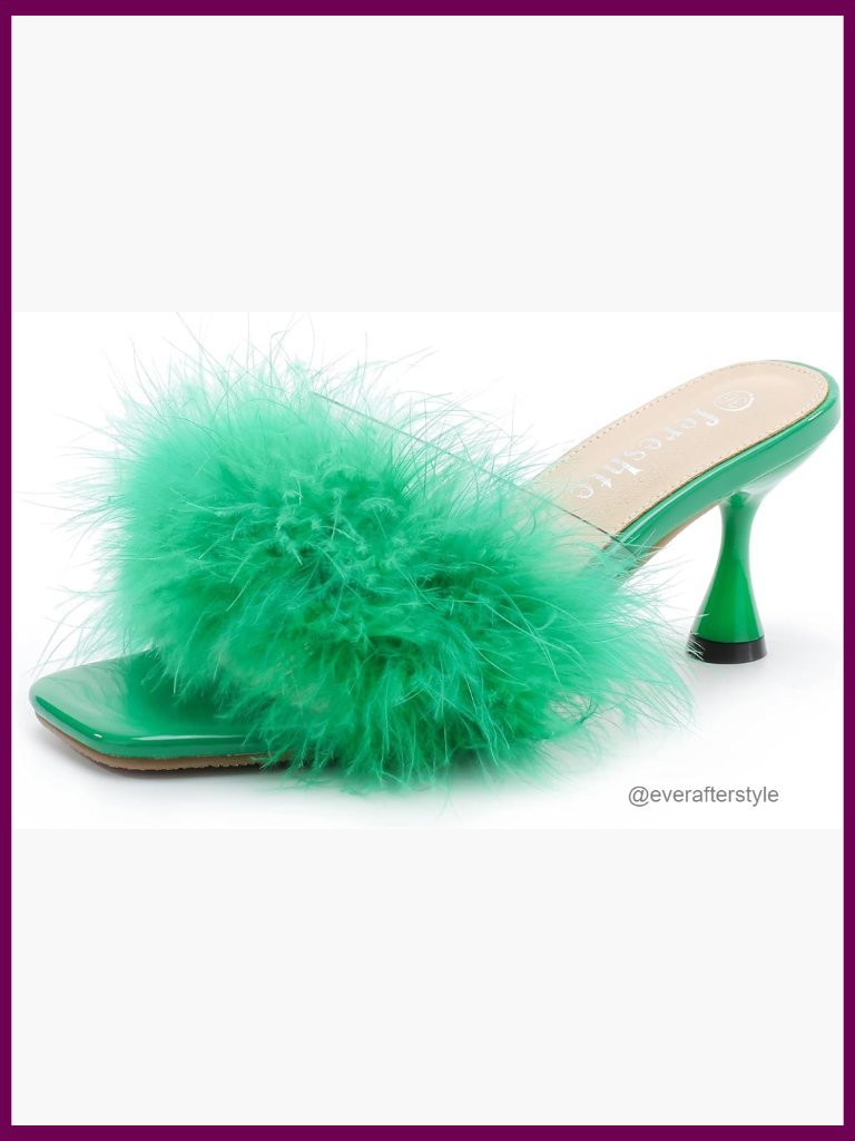 Kitten Heel Mule Sandals, Square Open Toe, Slip On, Fluffy Fur Clear Strap